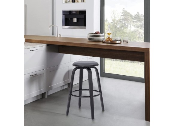 Armen Living Harbor 26" Counter Height Backless Swivel Grey Faux Leather and Black Wood Mid-Century Modern Bar Stool