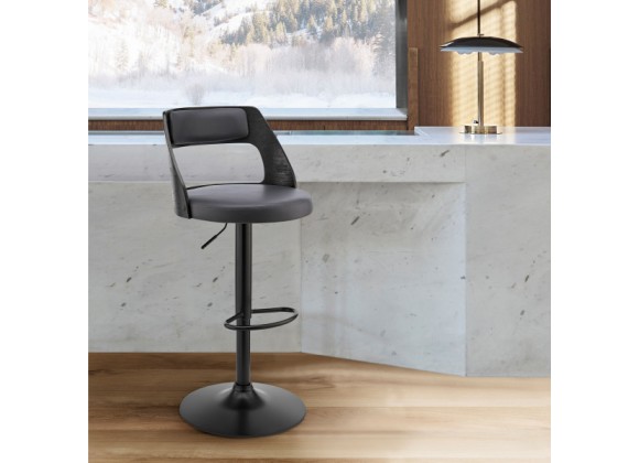 Armen Living Itzan Adjustable Swivel Grey Faux Leather and Black Wood Bar Stool with Black Base