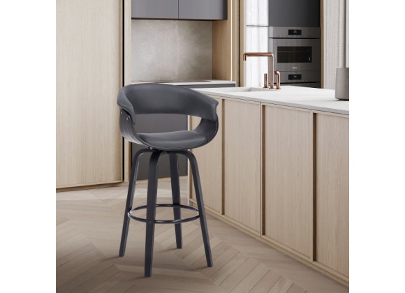 Armen Living Julyssa Swivel Grey Faux Leather and Black Wood Bar Stool