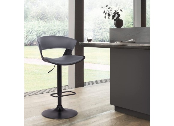 Armen Living Karine Adjustable Swivel Grey Faux Leather and Black Wood Bar Stool with Black Base