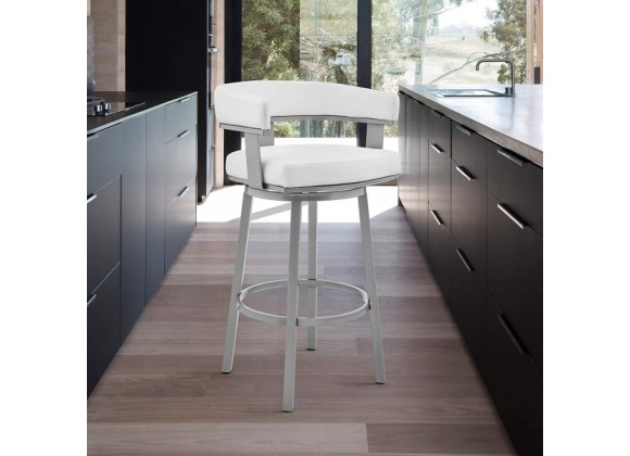 Armen Living Lorin Swivel Counter Stool In Silver Finish With White Faux Leather 