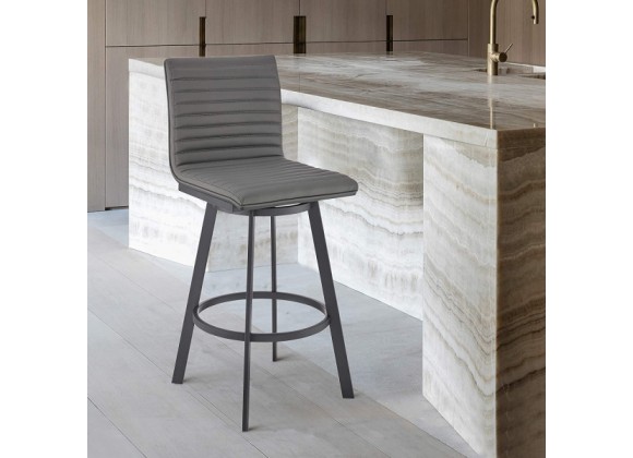 Armen Living Nikole Swivel Bar Stool In Matt Black Finish With Gray Faux Leather