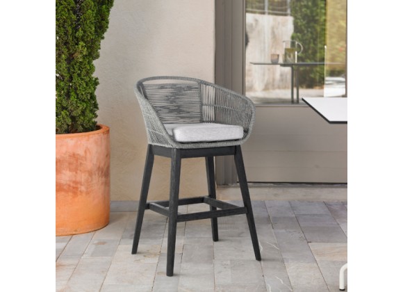 Armen Living Tutti Frutti Indoor Outdoor Bar or Counter Height Bar Stool in Black Brushed Wood with Grey Rope