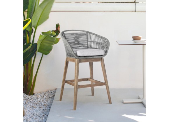 Armen Living Tutti Frutti Indoor Outdoor Bar or Counter Height Bar Stool in Aged Teak Wood with Grey Rope