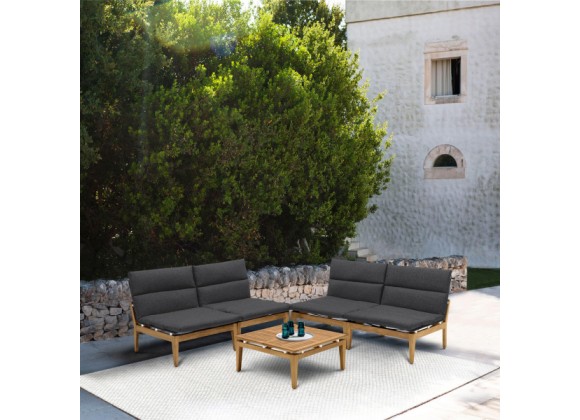 Armen Living Arno Outdoor 6 Piece Teak Wood Seating Set in Charcoal Olefin Set