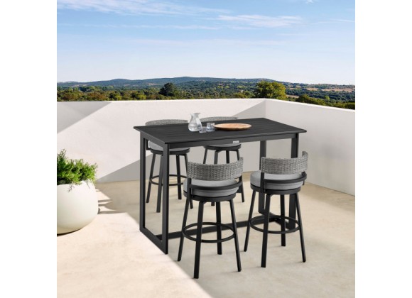 Armen Living Encinitas Outdoor Patio 5-Piece Bar Table Set in Aluminum with Grey Cushions