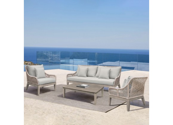 Armen Living Hawaii 4 Piece Outdoor Patio Furniture Set in Acacia Wood and Rope with Grey Cushions