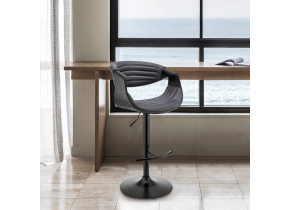 Armen Living Gionni Adjustable Swivel Gray Faux Leather and Black Wood Bar Stool with Black Base