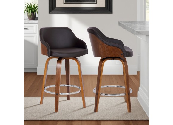 Armen Living Alec 26" Counter Height Swivel Brown Faux Leather and Walnut Wood Bar Stool 