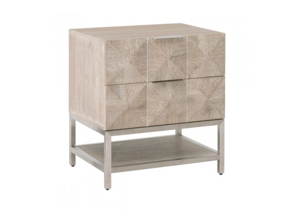 Essentials For Living Atlas 2-Drawer Nightstand - Natural Gray Acacia, Brushed Stainless Steel - Front Side Angle
