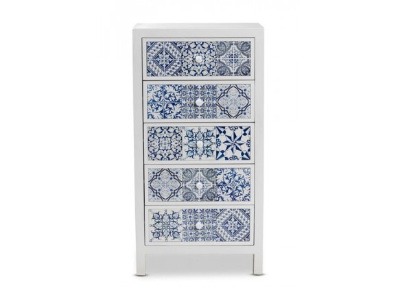 Baxton Studio Alma White Wood Blue Floral Tile 5 Drawers Accent Chest