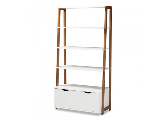 Baxton Studio Senja White Ash Walnut Brown Wood 2 Door Ladder Bookshelf