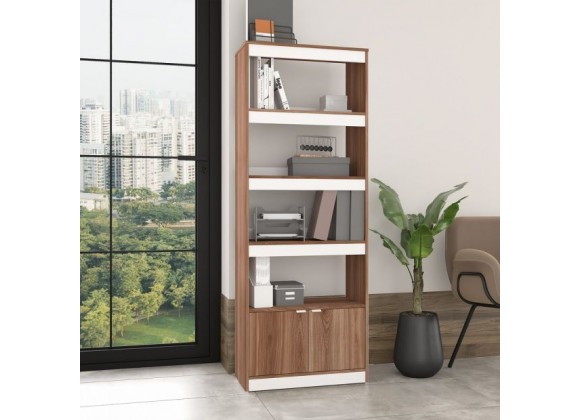 Manhattan Comfort Mid-Century Modern Ratzer Bookcase with 5 Shelves in Brown and White