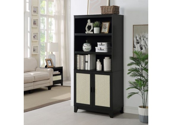 Manhattan Comfort Sheridan Modern Cane Bookcase with Adjustable Shelves Black