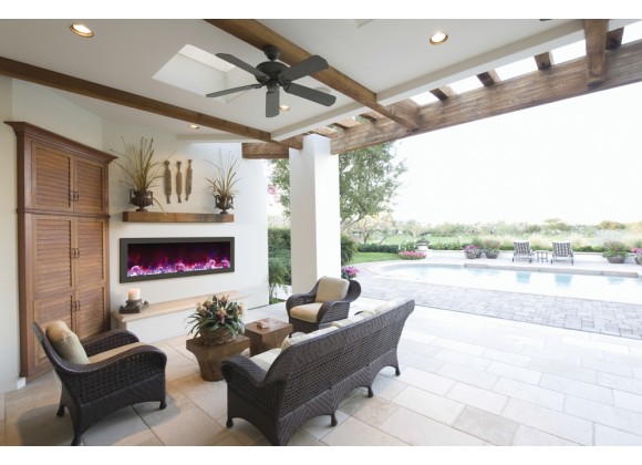 Amantii Panorama Slim Full View Smart Electric  - 50" Indoor /Outdoor WiFi Enabled Fireplace, featuring a MultiFunction Remote, Multi Speed Flame Motor, Glass Media & a Black Trim 