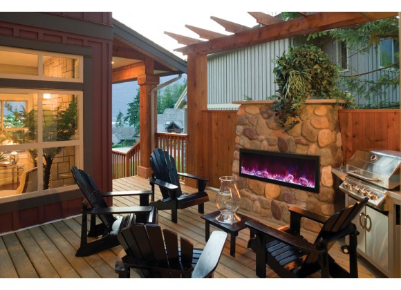 Amantii Panorama Slim Full View Smart Electric  - 60" Indoor /Outdoor WiFi Enabled Fireplace, featuring a MultiFunction Remote, Multi Speed Flame Motor, Glass Media & a Black Trim 
