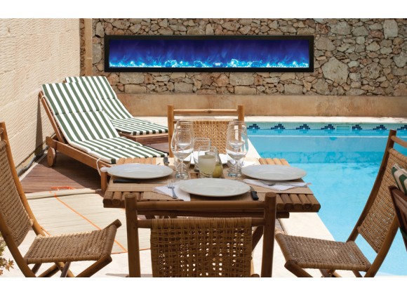 Amantii Panorama Slim Full View Smart Electric  - 88" Indoor /Outdoor WiFi Enabled Fireplace, featuring a MultiFunction Remote, Multi Speed Flame Motor, Glass Media & a Black Trim 