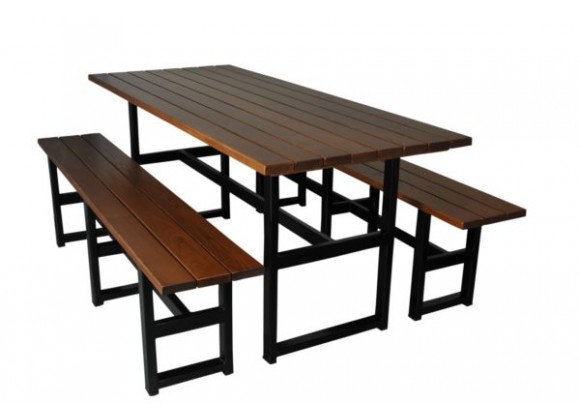 Furniture Designhouse Community Table- 30" x 71" and Two 71" Benches in European Chestnut Slats - Cutout