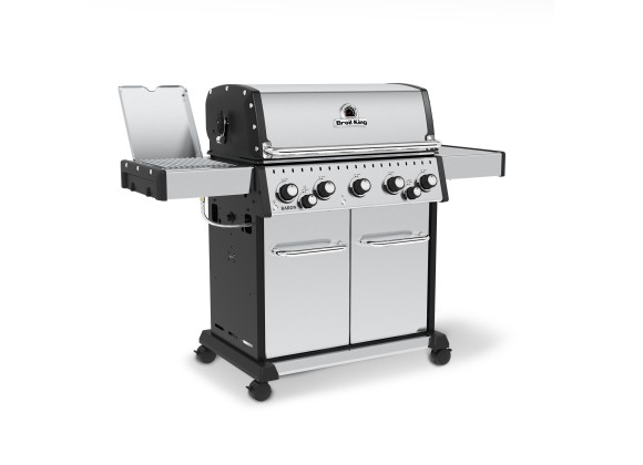 Broil King Baron S 590 PRO IR Grill - Angled and Open Tray