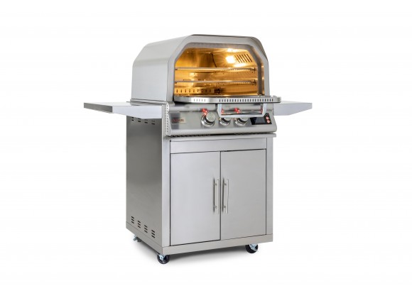 Blaze Grills 26-Inch Propane Gas Outdoor Pizza Oven With Rotisserie - Angled with Closed Door and Lit
