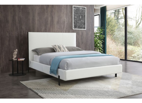 Whiteline Modern Living Hollywood Queen Bed In Fully Upholstered White Faux Leather And Wood Grain Cold Rolled Steel Legs - Lifestyle
