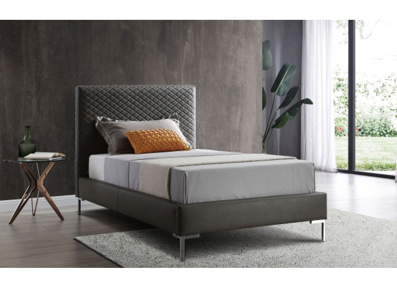 Whiteline Modern Living Liz Twin Bed With Fully Upholstered Dark Gray Faux Leather and Chrome Legs - Lifestyle