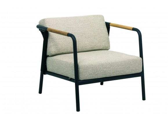 Alfresco Home Elle Belt Deep Seating Lounge Chair w/ Teak Arm Rests | Cushions Inclusive - Front Side Angle