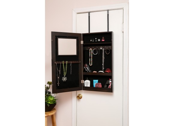 Modern Wall-Hanged Mirror Jewelry Cabinet Storage Armoire Esspresso - Opened