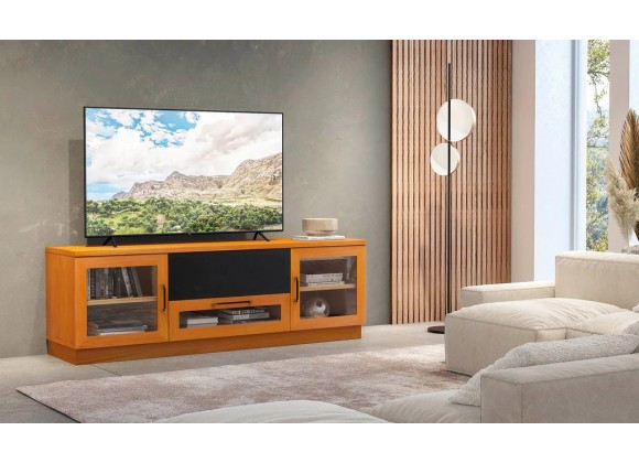 Furnitech 70" Contemporary TV Stand Media Console for Flat Screen and Audio Video Installations in a Light Cherry Finish - Lifestyle