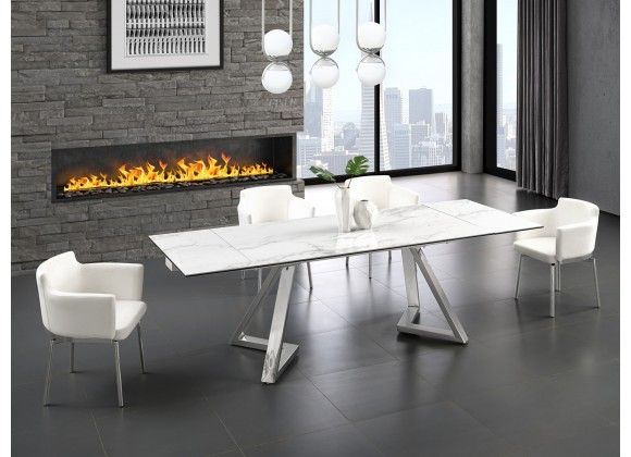 Casabianca NOELLE Dining Table In Modern White And Gray Ceramic With Polished Stainless Steel Base - Lifestyle