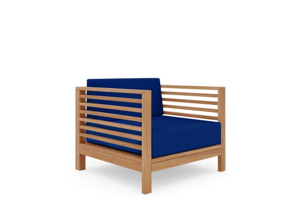 Hi Teak Furniture Sylvie Teak Outdoor Club Chair with Sunbrella True Blue Cushion - Angled