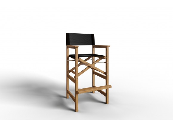 Hi Teak Furniture Directeur Teak Outdoor Bar Height Stool with Black Dura Sling Back and Seat - Angled