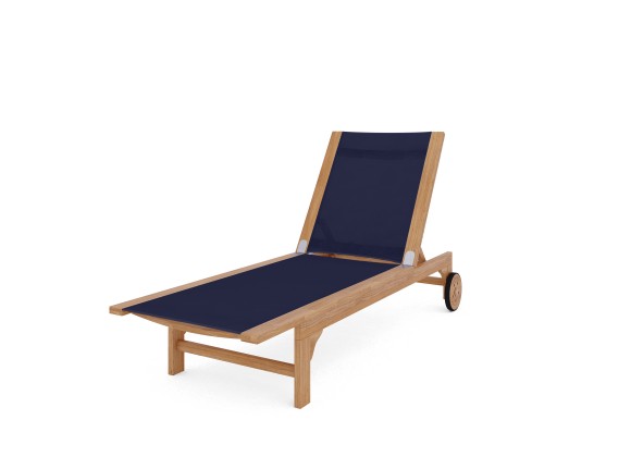 Hi Teak Furniture Elie Teak Outdoor Reclining Sun Lounger in Blue with Wheels - Angled