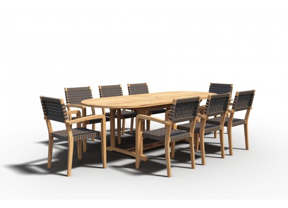Hi Teak Furniture Amelie Oval Teak Outdoor Dining Table with Built-In Extension - With Dining Set