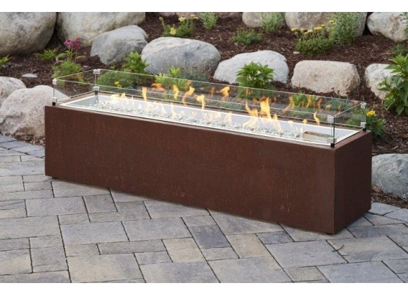 Outdoor Greatroom Company Cortlin Linear Gas Fire Pit Table W/Ferros Stucco Base - Lifestyle