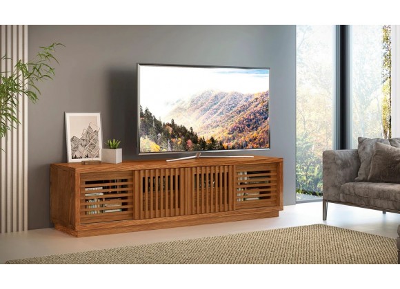 Furnitech 82" Contemporary Rustic TV Stand Media Console for Flat Screen and Audio Video Installations in American Red Oak with a Matte Honey Finish - Lifestyle