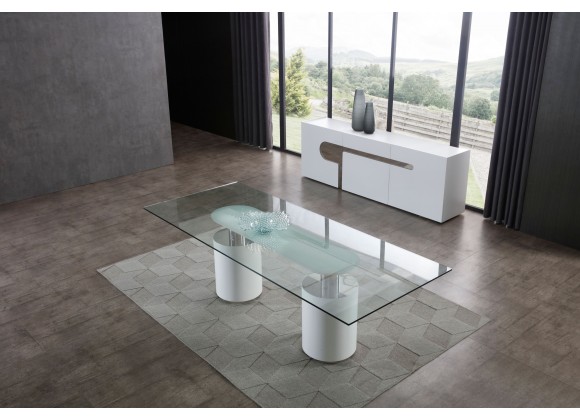 Whiteline Modern Living Mandarin Dining Table With Polished Stainless Steel Connector in Matt White Bases - Lifestyle