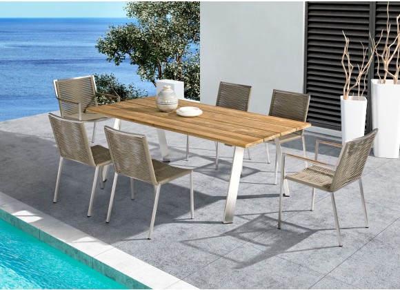 Whiteline Modern Living Rhea Outdoor Dining Table in Recycling Teak Wood Slats Top And Brushed Stainless Steel Legs - Lifestyle