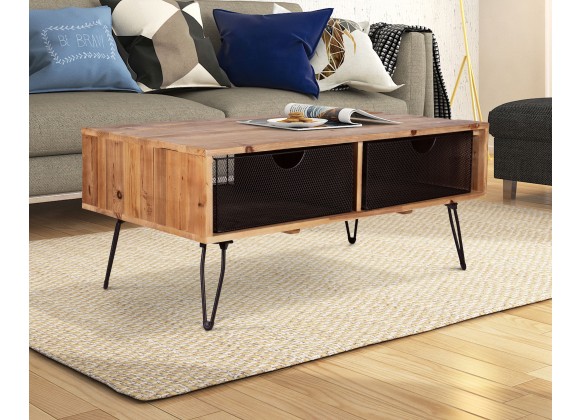 Crawford and Burke Ophelia Reclaimed Wood 42" Foldable Coffee Table with Wire Mesh Drawers, Lifestyle