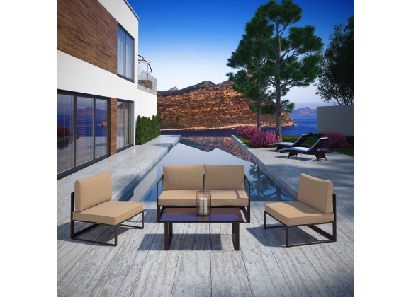 Modway Fortuna 5 Piece Outdoor Patio Sectional Sofa Set - Brown Mocha - Lifestyle