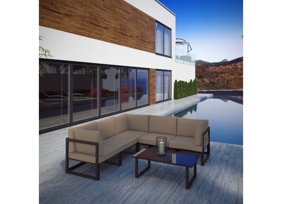 Modway Fortuna 6 Piece Outdoor Patio Sectional Sofa Set in Brown Mocha - Lifestyle