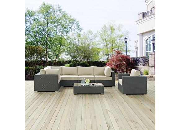 Modway Sojourn 7 Piece Outdoor Patio Sunbrella® Sectional Set - Canvas Beige - Lifestyle