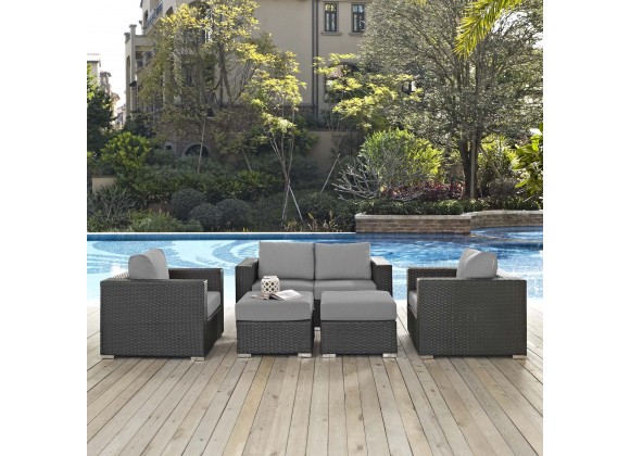 Modway Sojourn 5 Piece Outdoor Patio Sunbrella® Sectional Set - Canvas Gray - Lifestyle