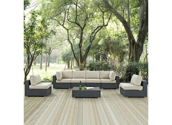 Modway Sojourn 7 Piece Outdoor Patio Sunbrella® Sectional Set - Canvas Antique Beige - Lifestyle