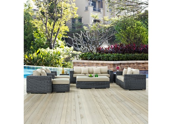 Modway Summon 9 Piece Outdoor Patio Sunbrella® Sectional Set in Canvas Antique Beige - Lifestyle