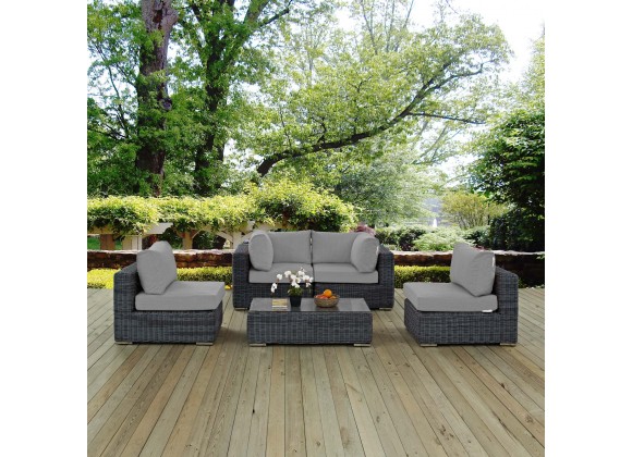 Modway Summon 5 Piece Outdoor Patio Sunbrella® Sectional Set - Canvas Gray - Lifestyle
