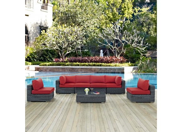 Modway Summon 7 Piece Outdoor Patio Sunbrella® Sectional Set - Canvas Red - Lifestyle