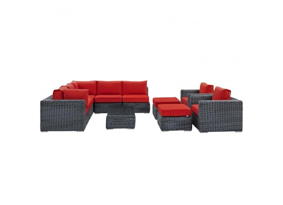 Modway Summon 10 Piece Outdoor Patio Sunbrella® Sectional Set - Canvas Red - Set in Front Angle