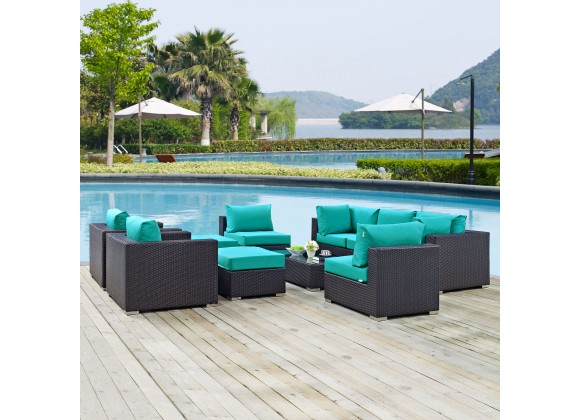 Modway Convene 10 Piece Outdoor Patio Sectional Set - Espresso Turquoise - Lifestyle