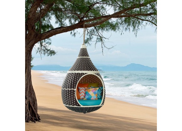 Modway Palace Outdoor Patio Wicker Rattan Hanging Pod - Brown Turquoise - Lifestyle